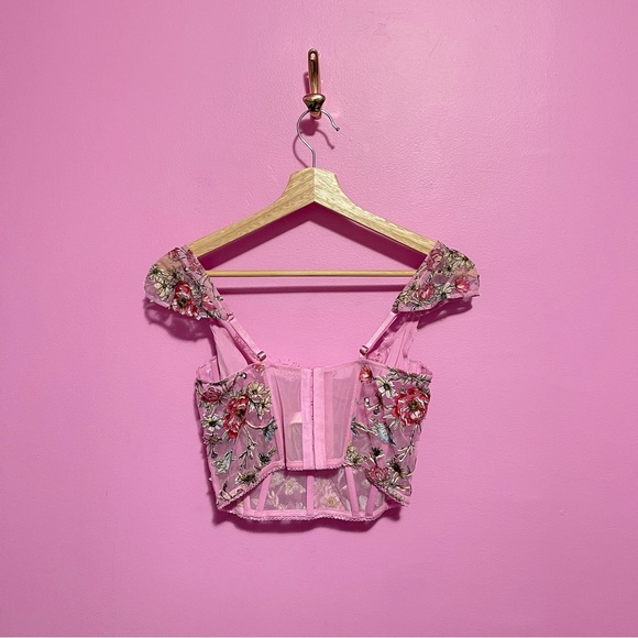 Victoria's Secret Pink Floral Embroidered Cap Sleeve Corset Top Women’s Medium - Picture 10 of 15